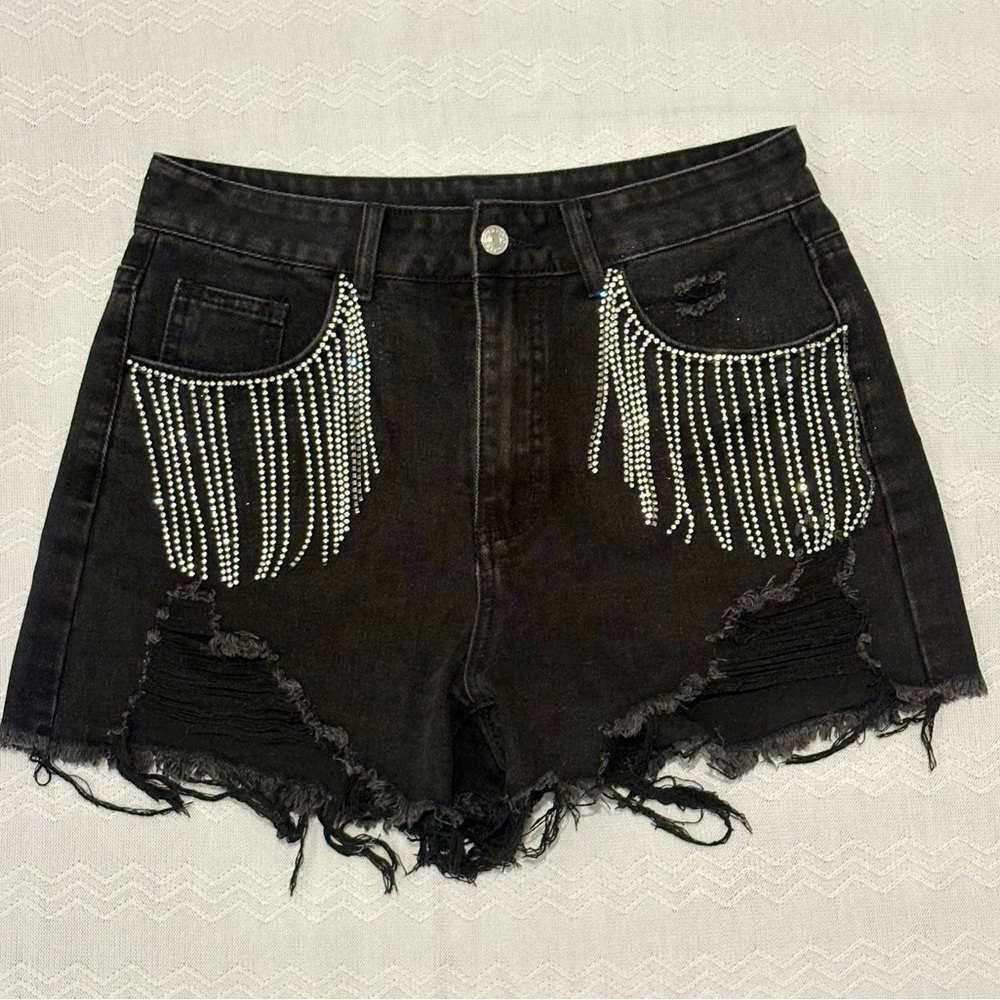 SHEIN Black Denim Shorts with Sparkling Fringe